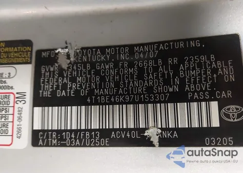 2007 Toyota Camry Le from USA, damaged, VIN 4T1BE46K97U153307